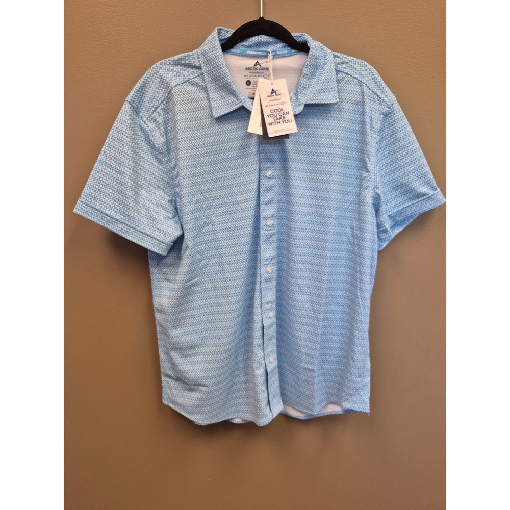 Arctic Cool Men's Large‎ Instant Cooling Golf Shirt Blue Geo Print Magnetic NWT